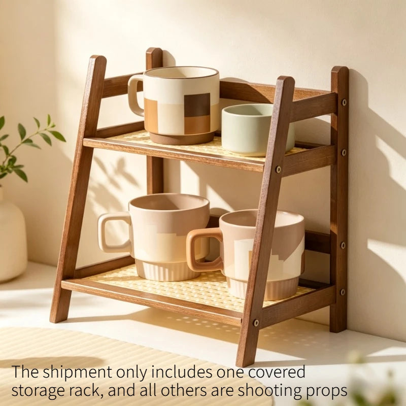 2-Tier Bamboo Rattan Desktop Storage Shelf & Organizer Rack Desktop Storage Shelf Babs Walnut color small