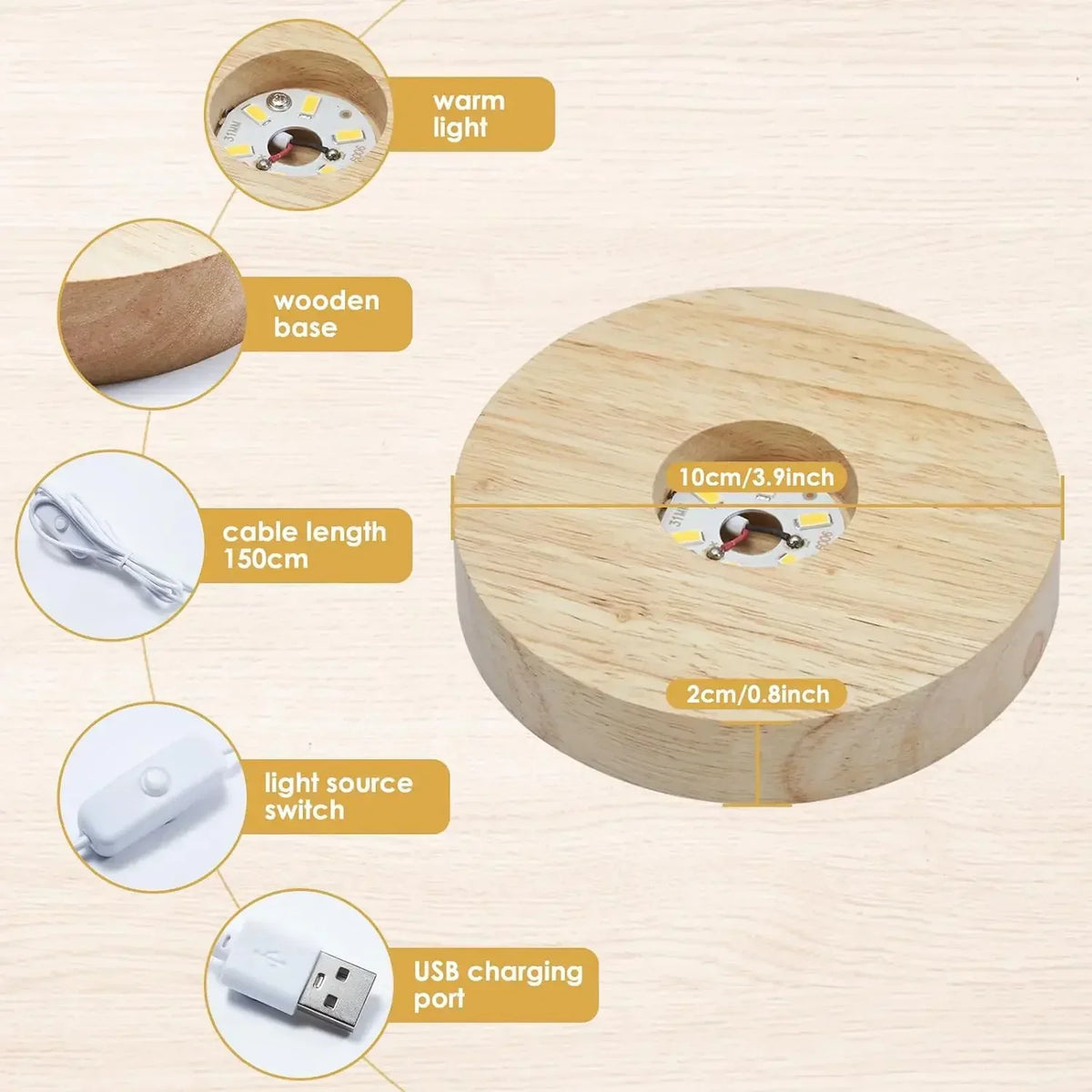 Wooden USB LED Night Light Display Stand | Desktop Lamp Base LED Display Lamp Base Babs
