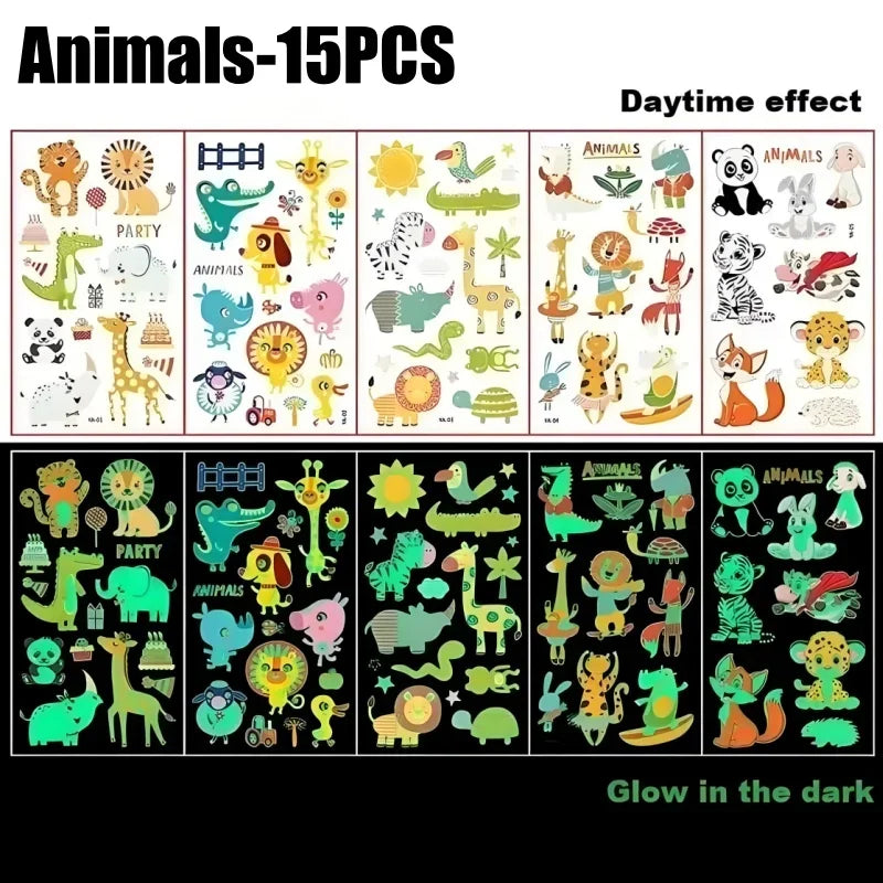 Glow in the Dark Temporary Tattoos – Kids Animal Party Stickers Temporary Tattoo Stickers Babs Animals-15PCS 12x7cm