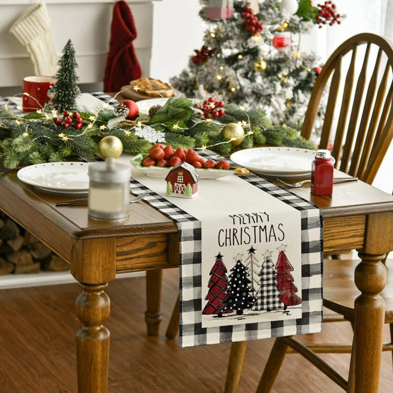 Linen Christmas Table Runner – Snowman & Xmas Tree, 72x13" Christmas Table Runner Babs