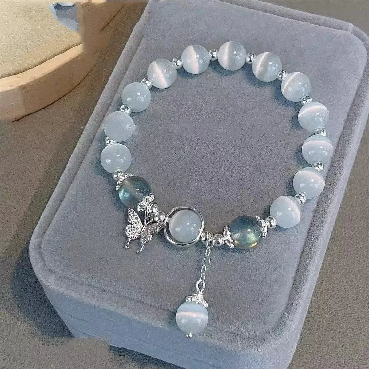 Blue Moonstone Cat Eye Crystal Bead Bracelet Set 3pcs Women Crystal Bead Bracelet Set Babs