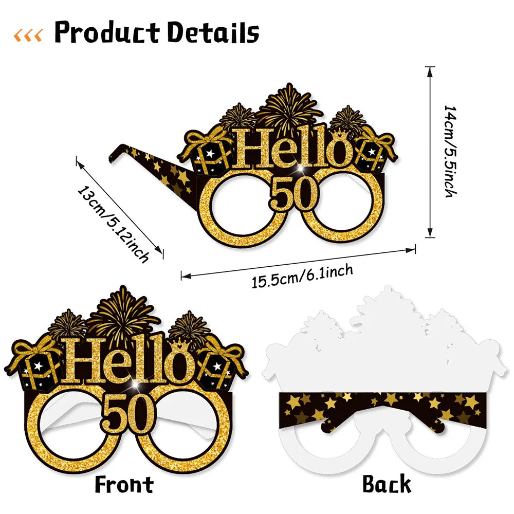 30th 40th 50th Birthday Paper Glasses Black Gold Party Props 8pc Party Photo Props Babs