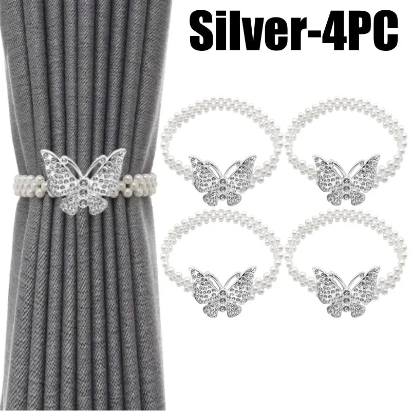Bohemian Pearl Butterfly Curtain Tie Backs – Elastic Bow Clips Curtain Tie Backs Babs Silver-4PC
