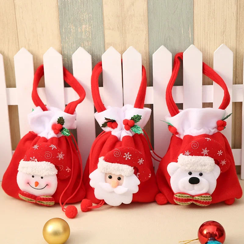 Christmas Flannel Drawstring Gift Bags – Santa, Snowman & Bear Christmas Gift Bags Babs