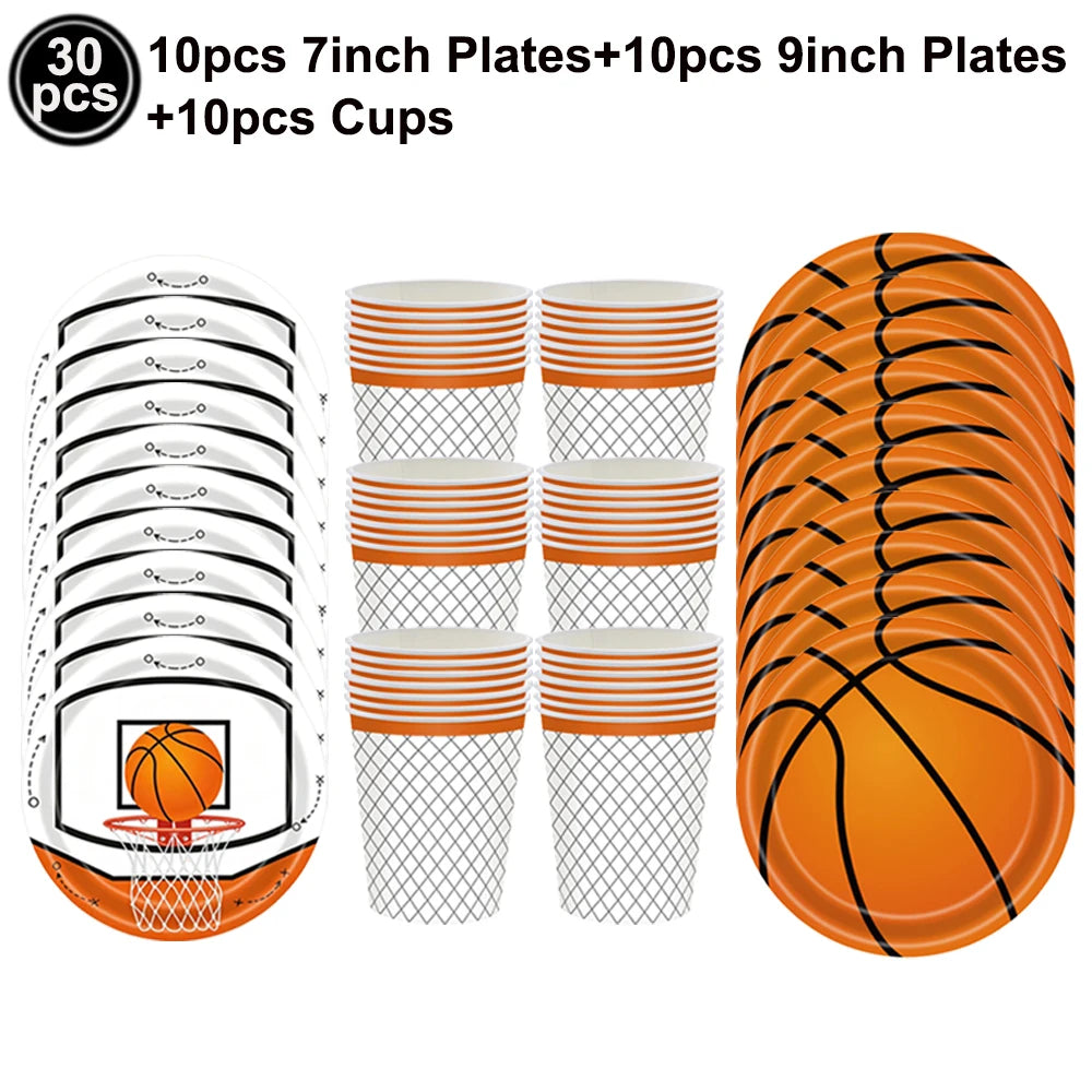 Basketball Party Supplies – Plates, Cups, Popcorn Boxes & Curtain