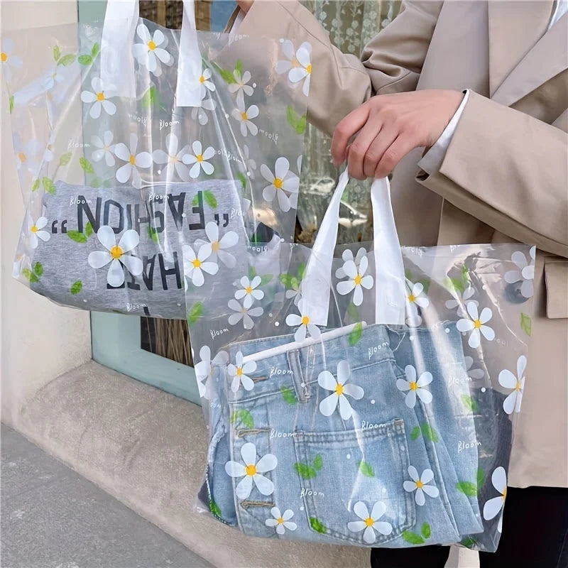 5-Pack Daisy Transparent Plastic Tote Gift Bags | Clear PE Plastic Gift Bag Babs