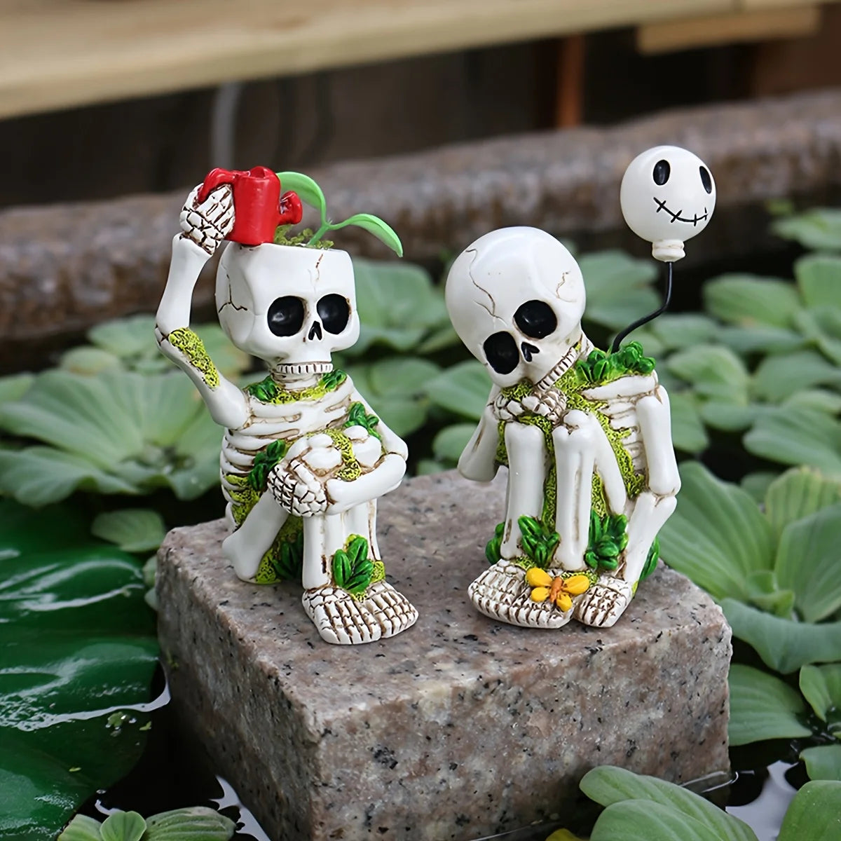 Skeleton Thinking Statue Set of 2 – Halloween Garden Decor Halloween Garden Statue Babs