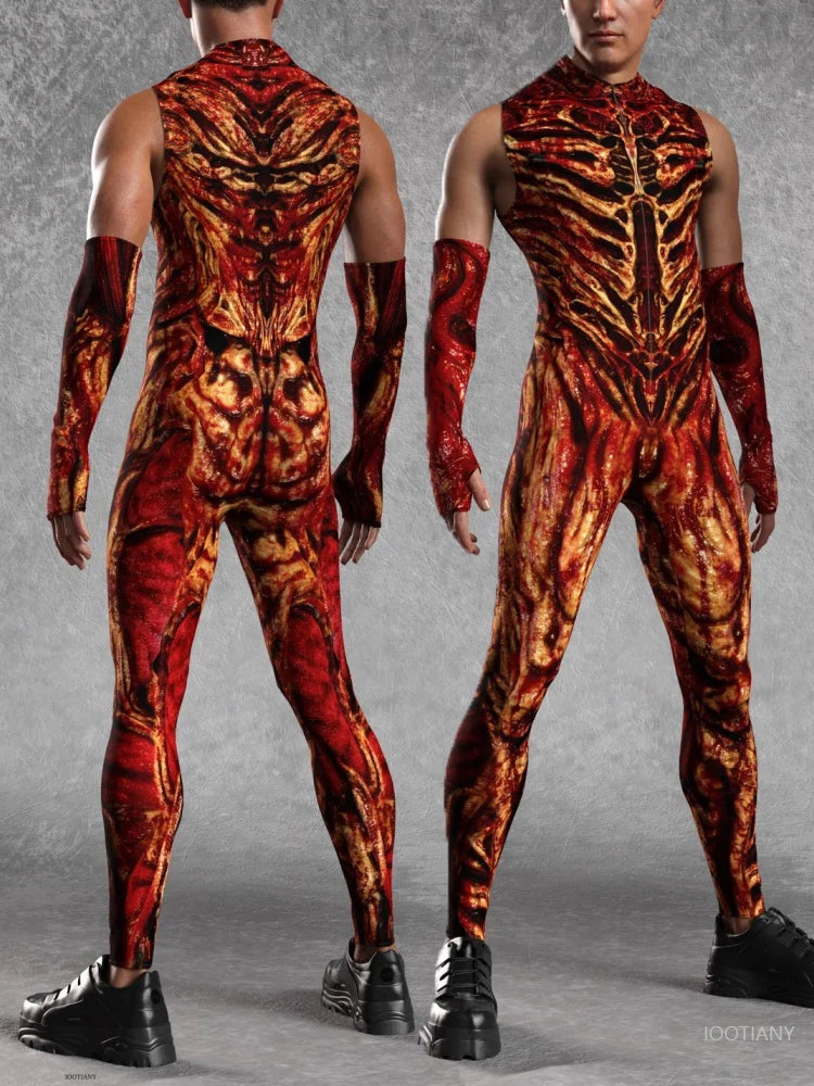 Men's Halloween Flame Magma Muscle Monster Bodysuit Tights Halloween Costume Bodysuit Babs