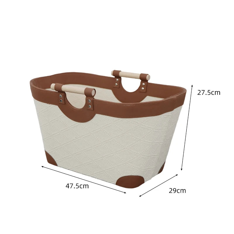 Large Leather Storage Basket with Wood Handle – Retro Organizer Leather Storage Basket Babs Brown