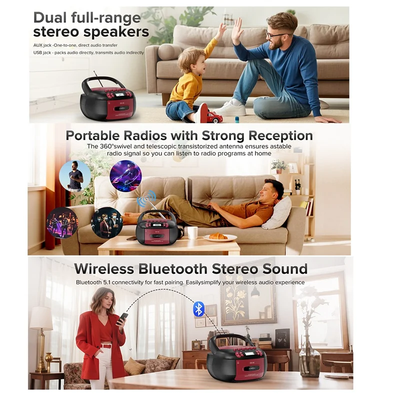 Portable Boombox CD Cassette Player – Bluetooth AM/FM USB AUX Portable Boombox Player Babs