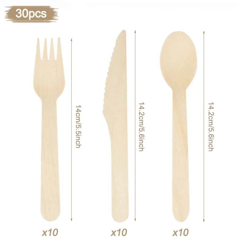 Disposable Wooden Cutlery Set – Party Spoon Fork Knife Disposable Cutlery Set Babs 30pcs-set-14cm