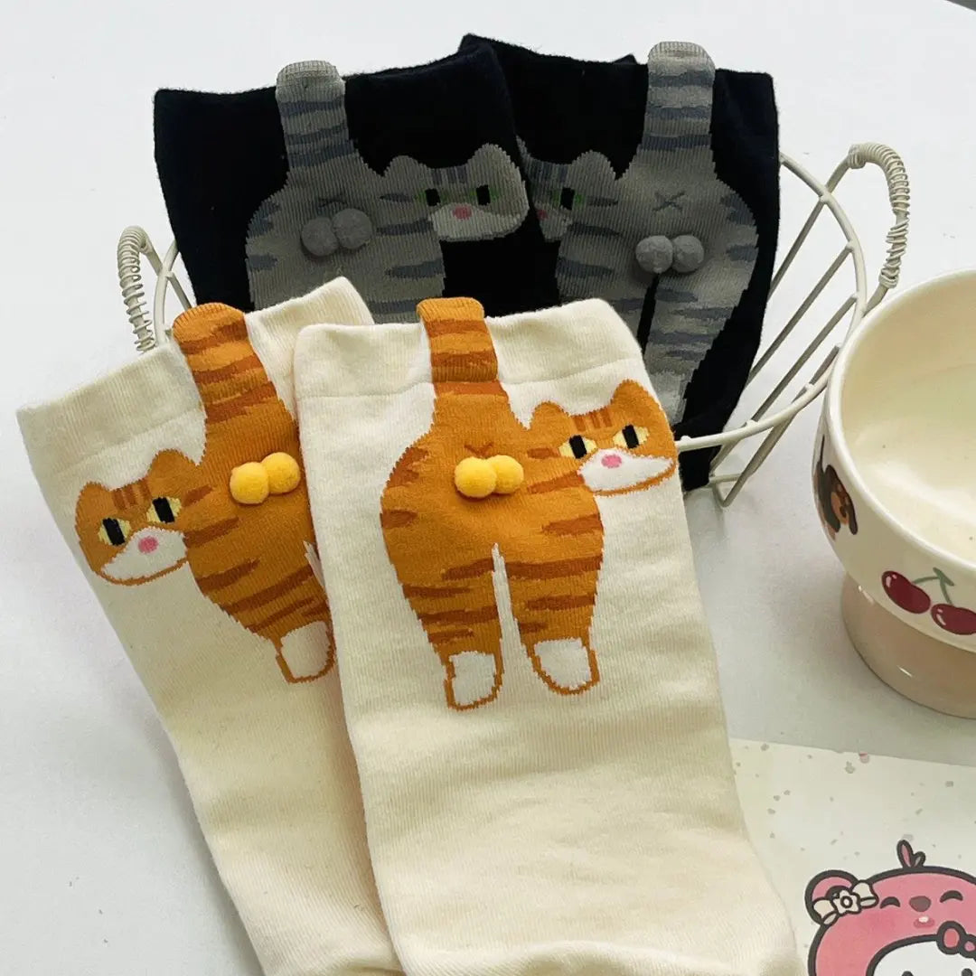 2-Pack 3D Cat Crew Socks – Pom-Pom Kitten Mid-Calf Women's Socks Novelty Crew Socks Babs