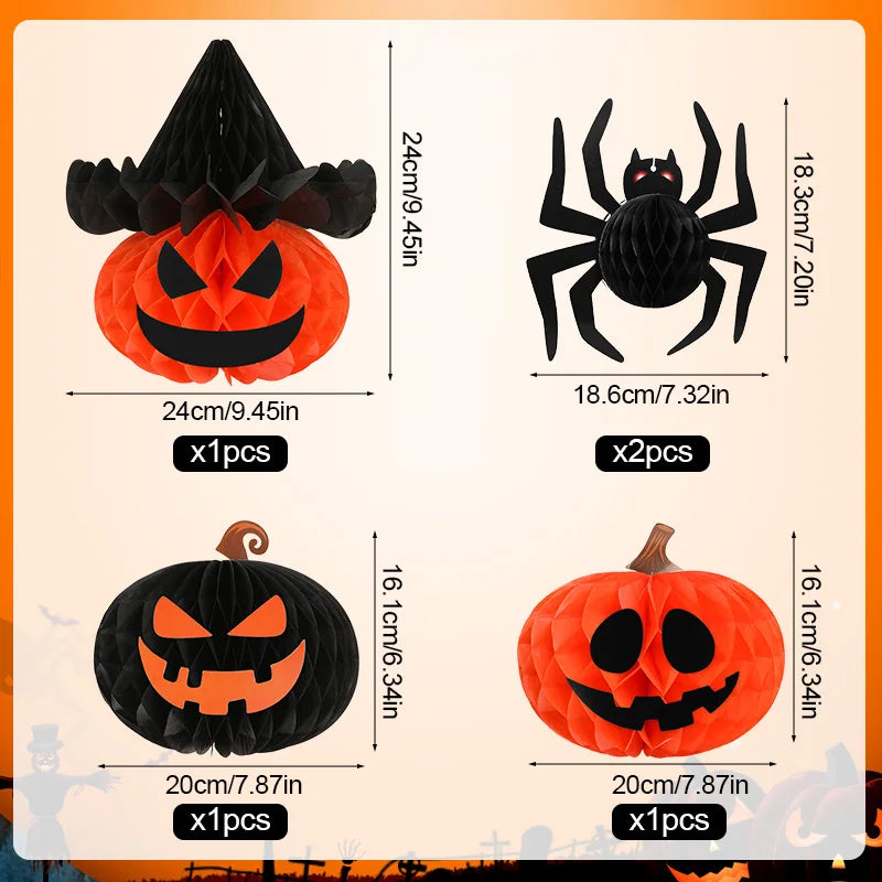 5-Piece Halloween Honeycomb Ball Set – Pumpkin & Spider Decor Halloween Hanging Decor Babs