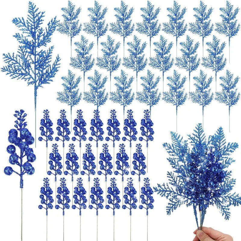 Glitter Christmas Artificial Berry Bouquet Set – 10 Pcs Xmas Decor Christmas Berry Ornament Babs Blue 10Pcs