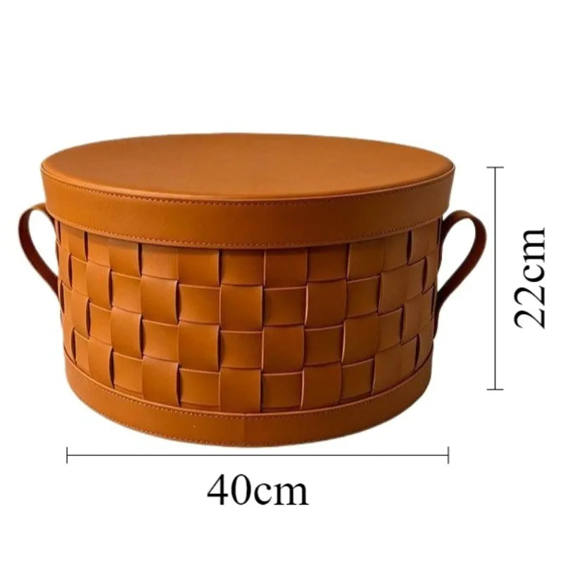 Luxury Leather Woven Storage Basket with Lid | Bedroom Organizer Storage Basket Babs Orange