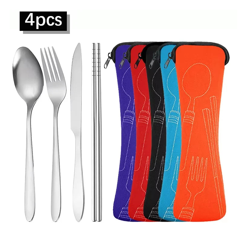4-Piece Stainless Steel Tableware Set with Storage Bag Tableware Dinnerware Set Babs