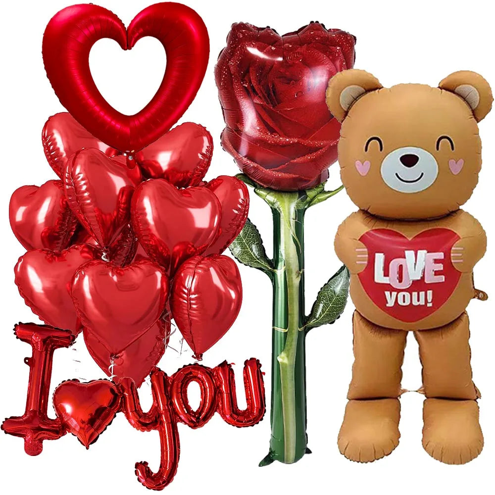 Red Heart & Rose Teddy Bear Foil Balloons – Valentine's Decor Party Foil Balloons Babs