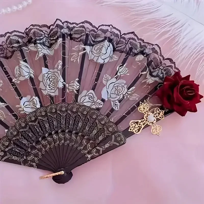 Elegant Vintage Flamenco Rose Lace Folding Fan | Gift Folding Hand Fan Babs