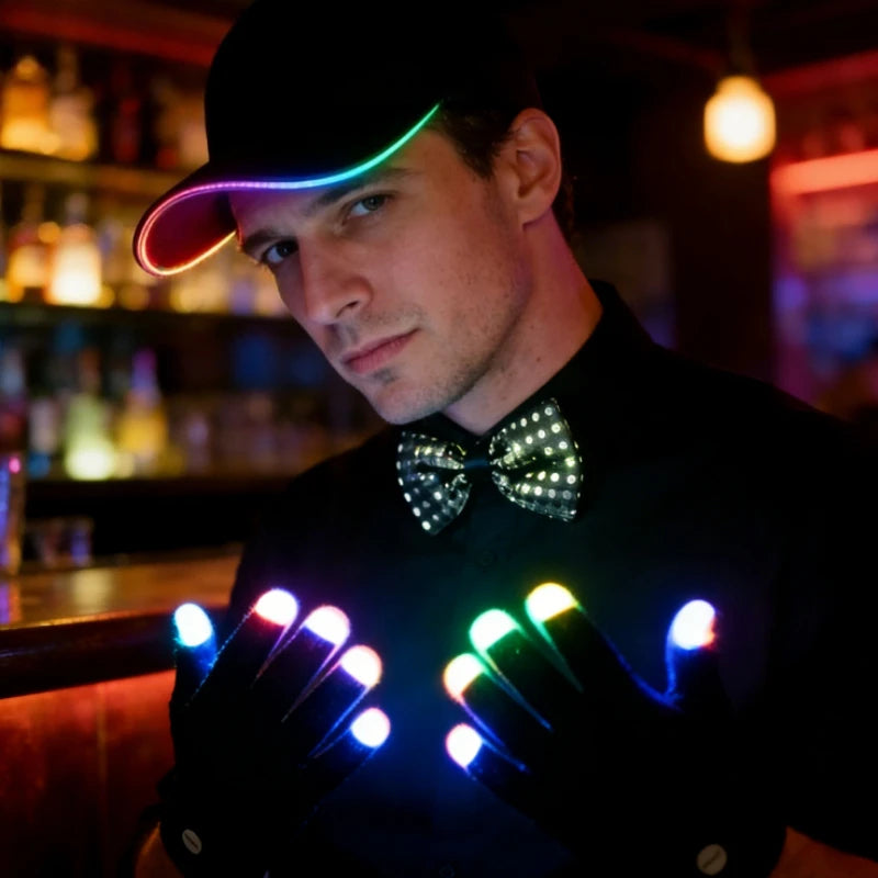 LED Flashing Light-Up Hat, Bow & Finger Gloves Party Set LED Party Costume Set Babs