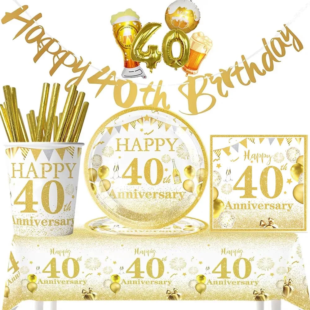 40th Birthday White & Gold Disposable Party Tableware Set Disposable Party Tableware Babs