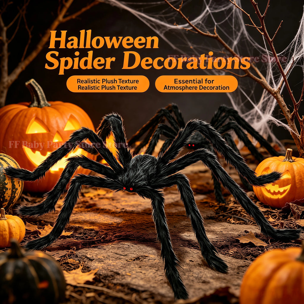 Giant Black Plush Spider Halloween Decor – Poseable Red Eyes Halloween Spider Prop Babs