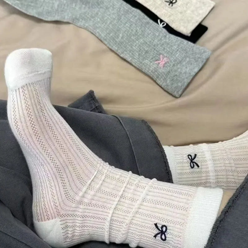 Bowknot Mesh Stacked Socks Korean Preppy Mid-Calf 1-5 Pairs Fashion Socks Babs