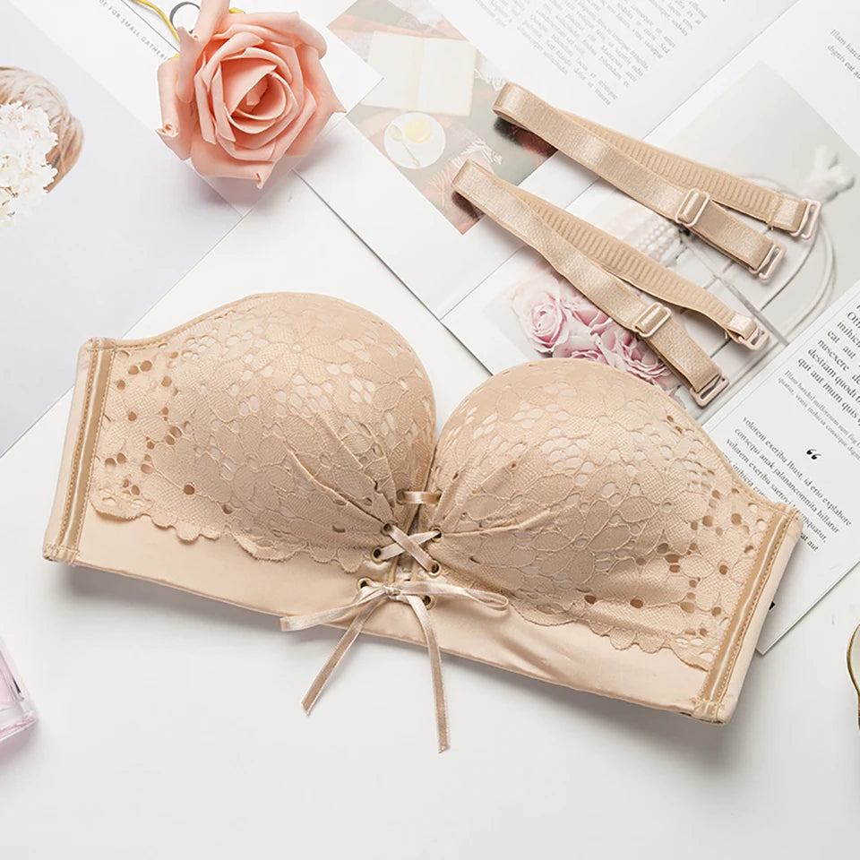 Women's Strapless Push Up Bra – Floral Embroidery Bralette Strapless Push Up Bra Babs Beige M