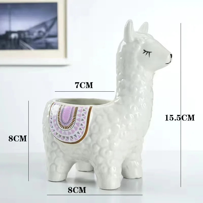 Cartoon Alpaca Ceramic Succulent Planter | Cute Desk Pot Ceramic Succulent Planter Babs White A