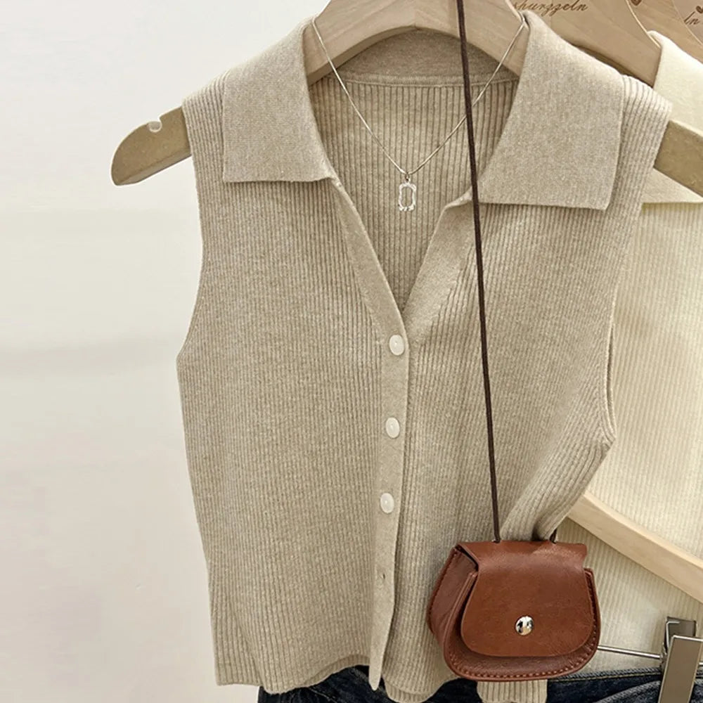 Women's Polo Collar Knit Vest – Slim Fit Sleeveless Button-Up Knit Vest Top Babs Khaki-1pc One Size