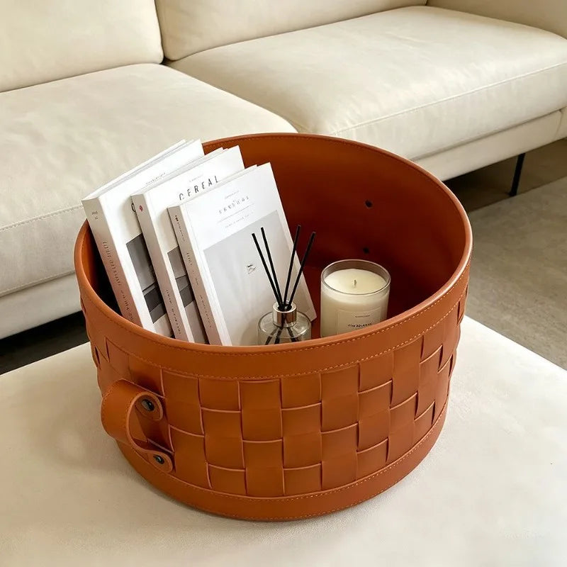 Luxury Leather Woven Storage Basket with Lid | Bedroom Organizer Storage Basket Babs