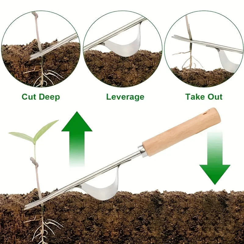 Ergonomic Stainless Steel Weed Remover with Wooden Handle Hand Weeding Tool Babs