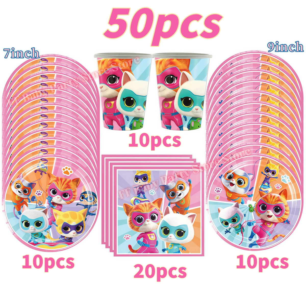 Cat Kitty Birthday Party Supplies – Plates, Cups & Balloons Set Party Supply Kit Babs 50pcs