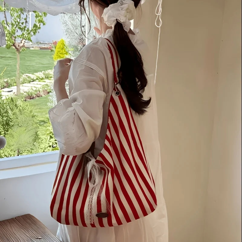 Double-Sided Women's Tote Bag – Striped Lace Bow Shoulder Bag Women's Tote Bag Babs
