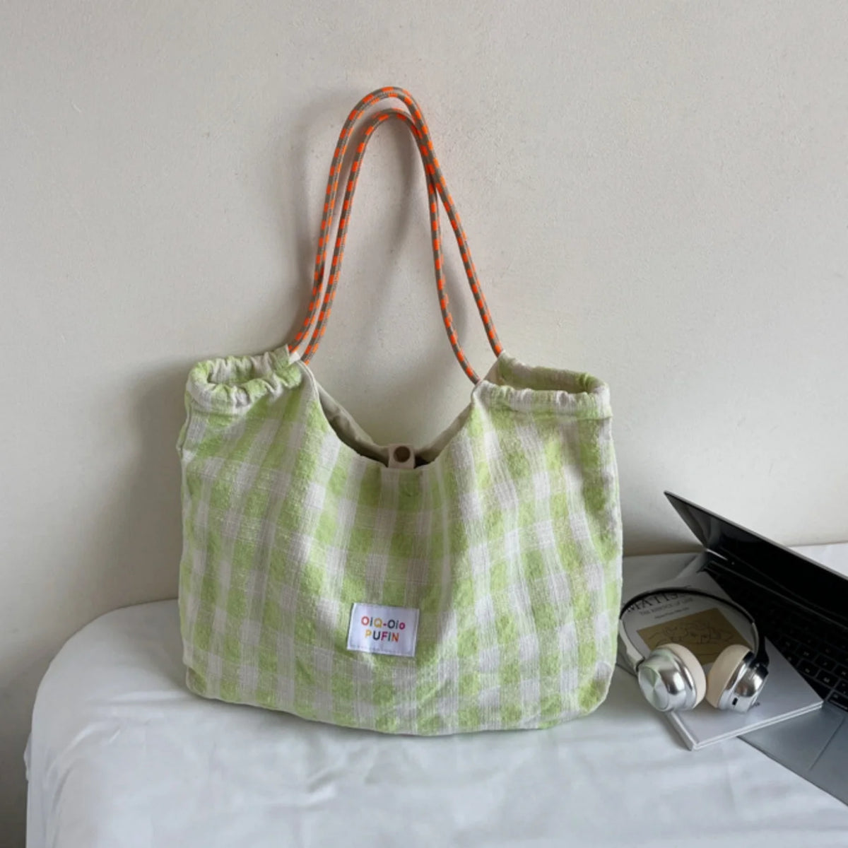 Women's Large Canvas Tote Bag – Korean Plaid Shoulder Handbag Canvas Shoulder Tote Babs Green
