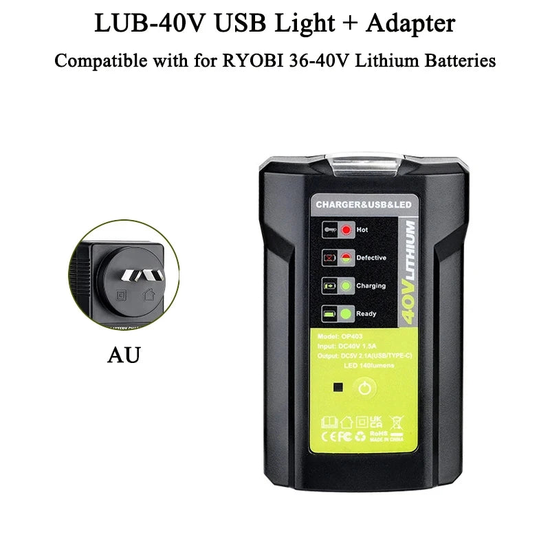 Ryobi 40V Battery Adapter USB Type-C 5V 2.1A LED Work Light Battery Power Adapter Babs AU plug
