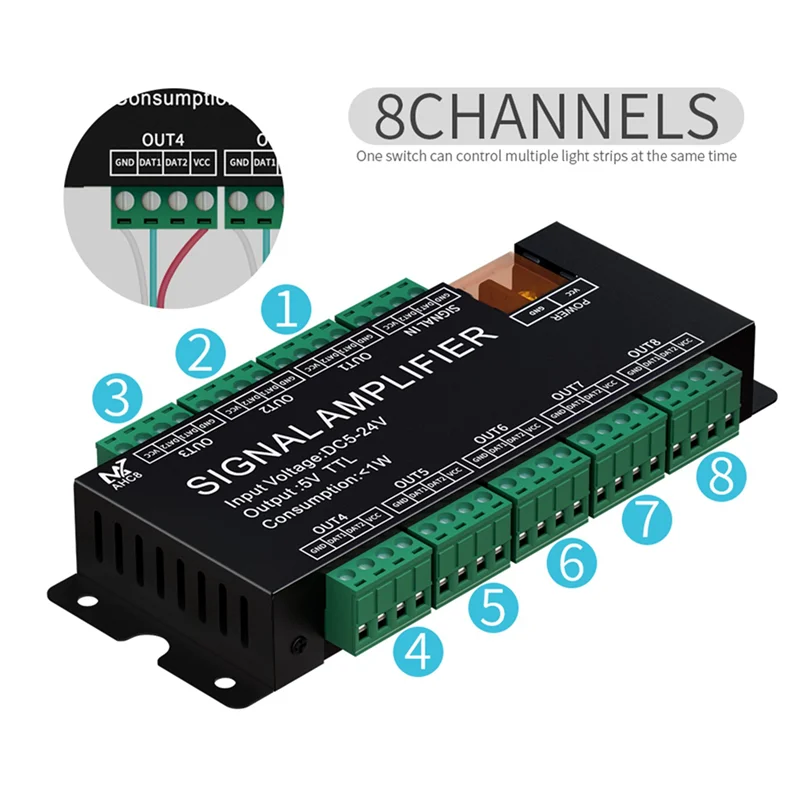 8-Channel LED Signal Amplifier WS2812 SPI TTL DC5-24V – 3-Pack LED Signal Amplifier Babs
