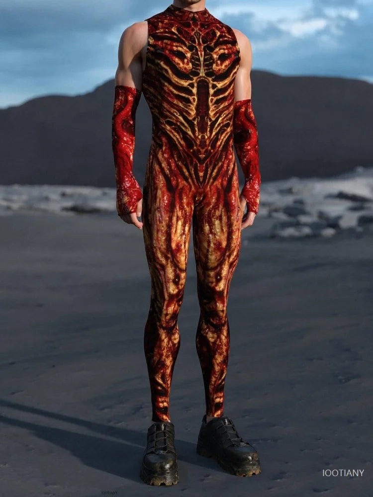 Men's Halloween Flame Magma Muscle Monster Bodysuit Tights Halloween Costume Bodysuit Babs