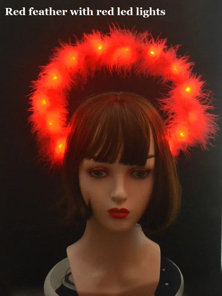 LED Feather Angel Halo Crown Headband – Bridal & Party LED Halo Headband Babs 1a