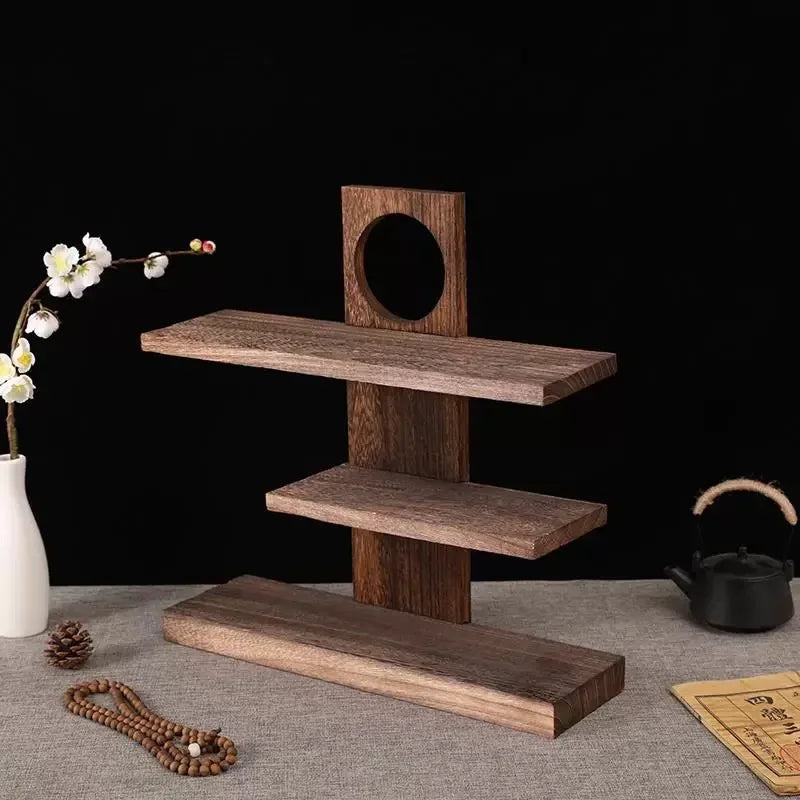 Tiered Solid Wood Tea Display Stand | Oriental Desktop Organizer Display Storage Rack Babs