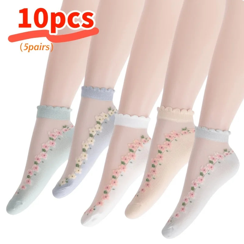 10-Pack Sheer Floral Ankle Socks – Ruffle Mesh for Women Ankle Socks Babs