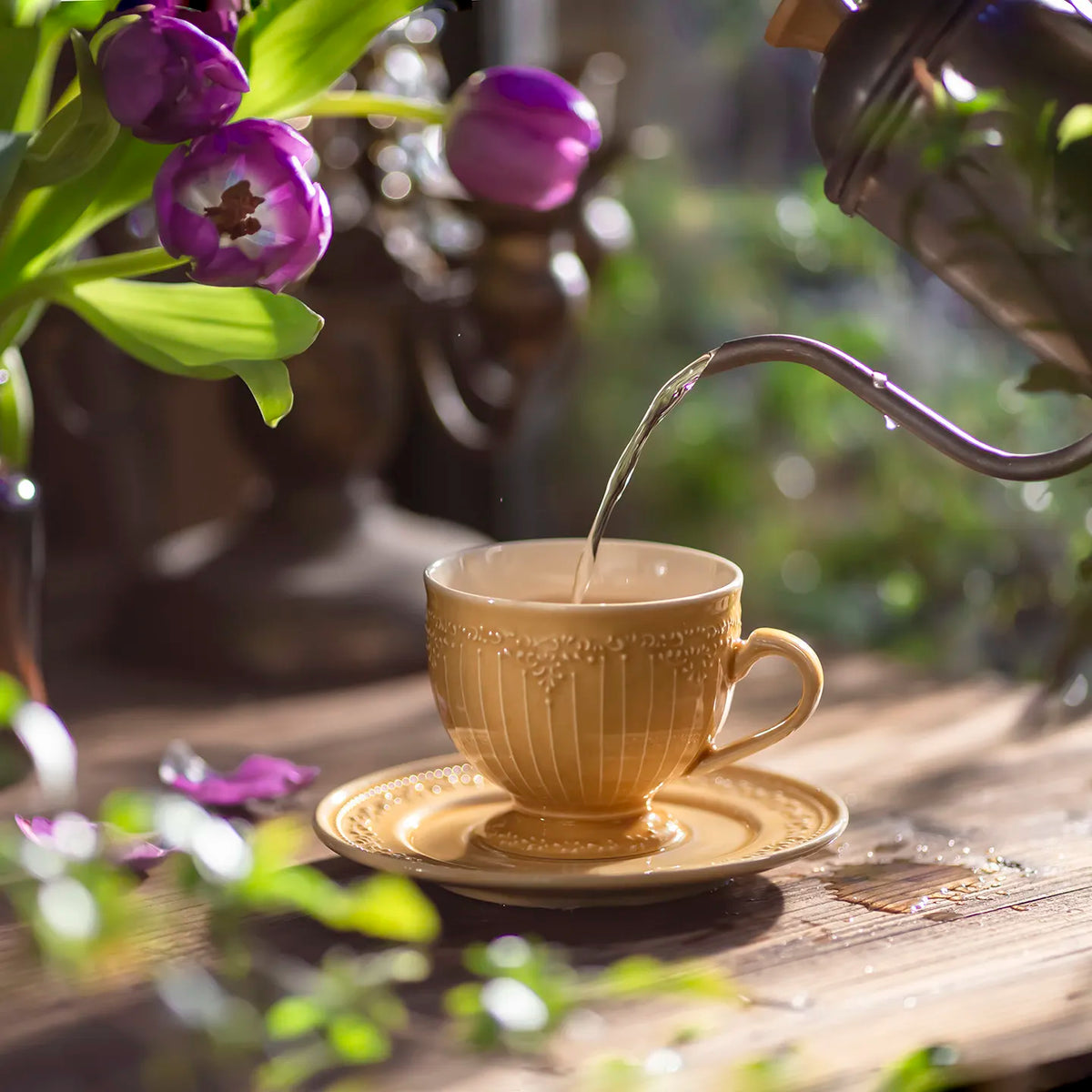 Vintage Embossed Ceramic Cup & Saucer Set | Underglaze Porcelain Ceramic Cup & Saucer Babs Yellow