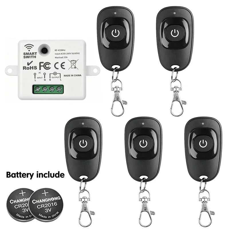 433MHz Wireless Remote Relay Switch 5-Pack – 110V/220V 10A Wireless Relay Switch Babs 1Receiver 5Remote No plug
