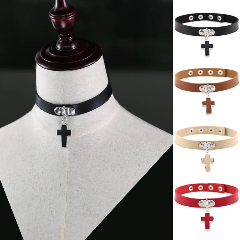Black Cross Gothic Choker Necklace – PU Leather Punk Style Gothic Choker Necklace Babs