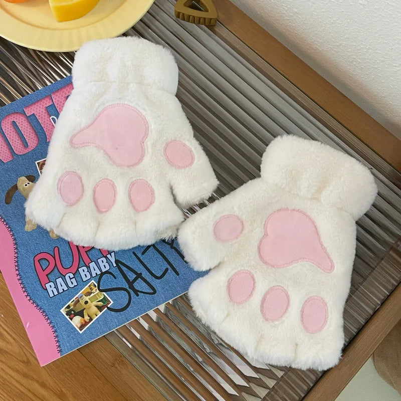 Plush Cat Paw Mittens – Soft Fluffy Half Finger Gloves Plush Fingerless Gloves Babs W
