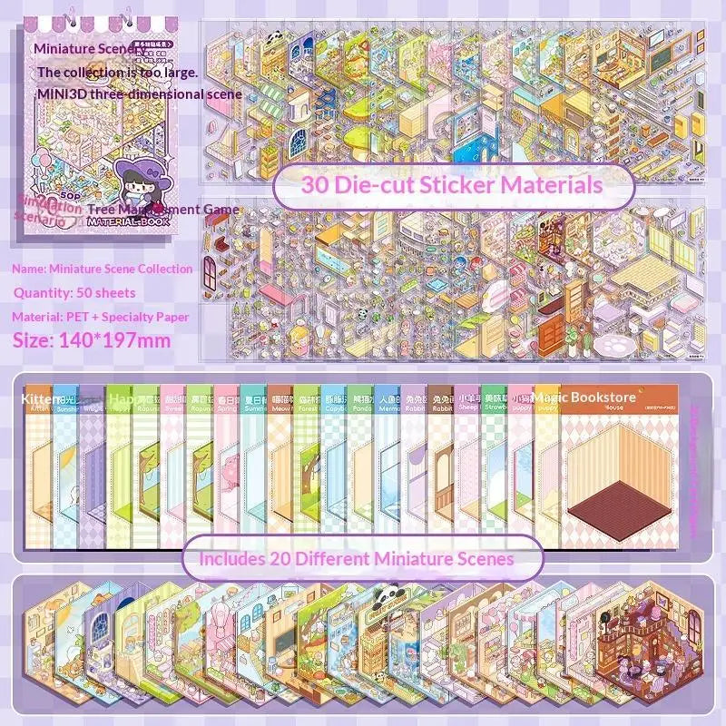 Kawaii 3D Scene Sticker Book – 20 DIY Themes, 50 Pages DIY Sticker Craft Book Babs C