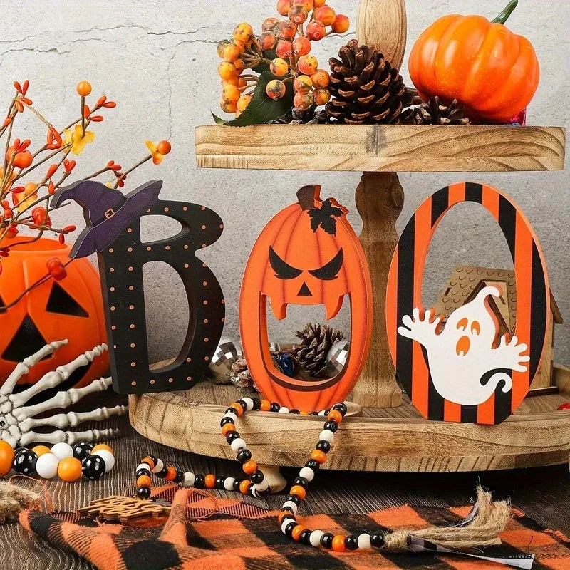 3-Piece Halloween Wooden Boo Signs – Tiered Tray Table Decor Halloween Wooden Signs Babs