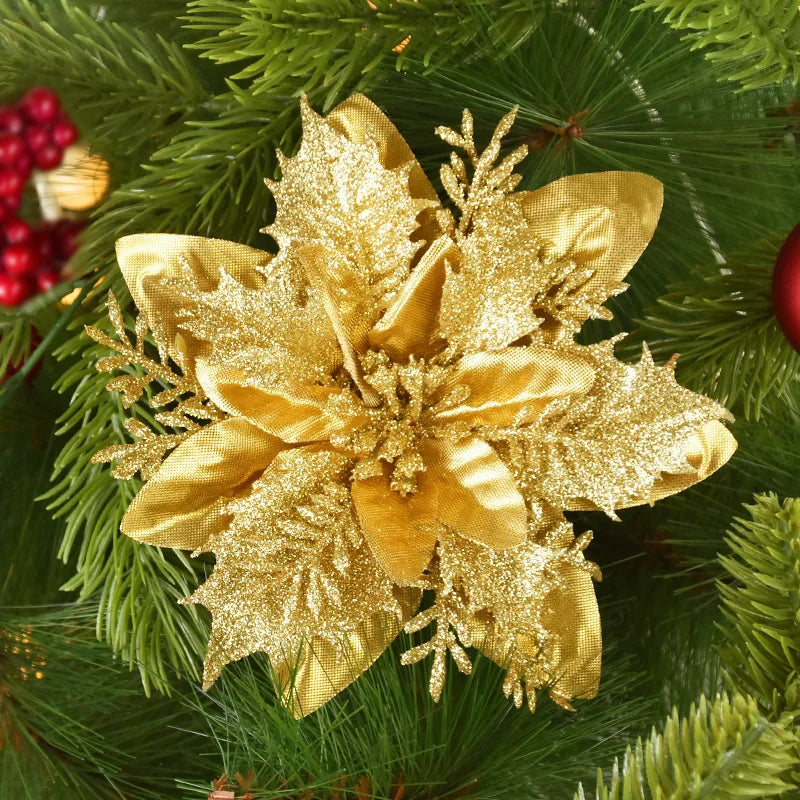 Glitter Artificial Christmas Flowers 5/10Pcs – 14cm Xmas Ornaments Christmas Flower Ornaments Babs golden 5pcs