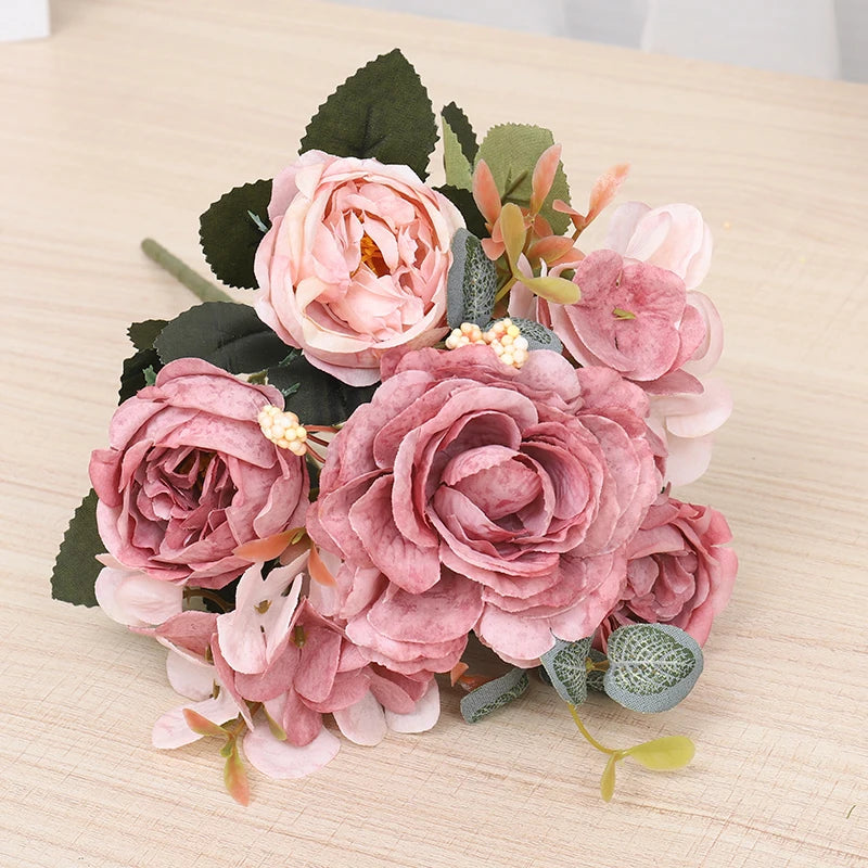 Silk Rose Bridal Bouquet – Artificial Hydrangea & Peony Flowers Artificial Flower Bouquet Babs Cameo Brown 1PC