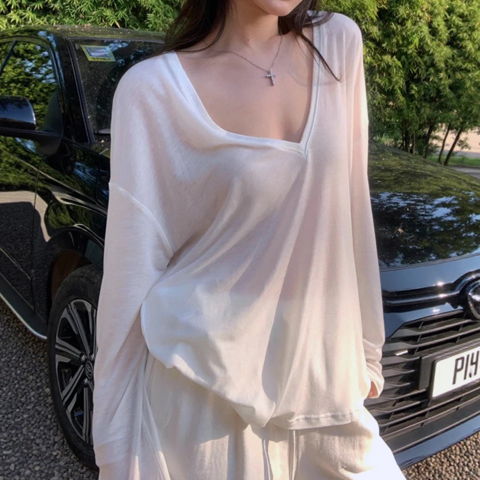 Oversized Sheer V-Neck Long Sleeve Swim Cover Up Beach Pullover Swim Cover Up Babs