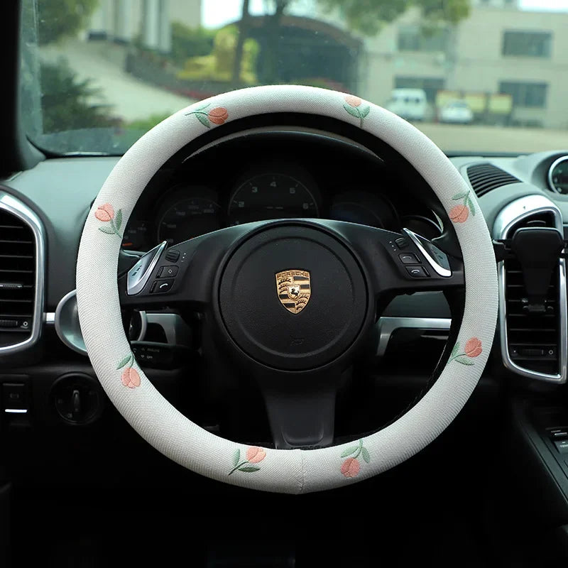 Embroidered Tulip Steering Wheel Cover – Anti-Slip, 38cm Steering Wheel Cover Babs